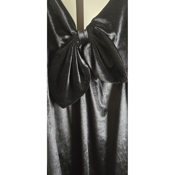 TCEC Women's M Black Mini Dress Spaghetti Straps Bow Pockets Smocking Velour - Picture 4 of 16